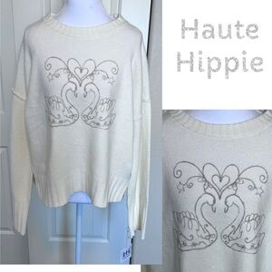Haute Hippie Ivory Vanilla Cream Sweater with Stitched Swan Motif Sz Medium NWT